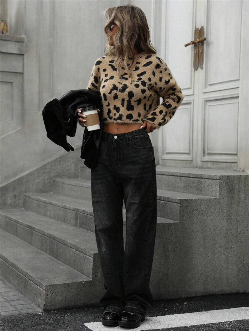 Leopard print simple short pullover sweater