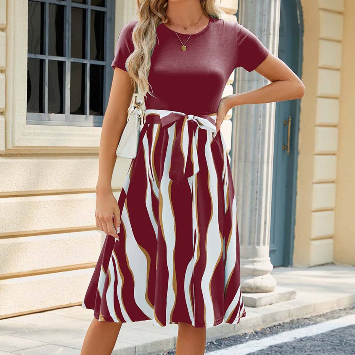 Round neck printed strap casual dress_CWDSD3359