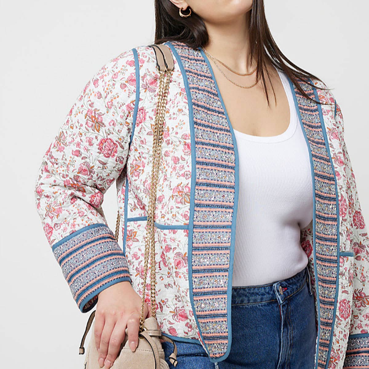 V-NECK CARDIGAN COLORBLOCK PRINT QUILTED JACKET