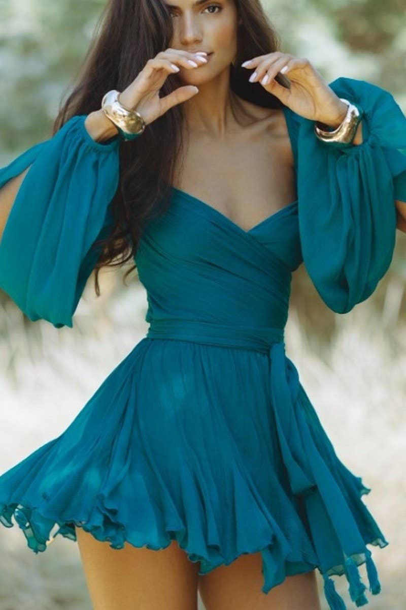 CWDSD6602_SOLID COLOR OFF-SHOULDER SLEEVES V-NECK DRESS