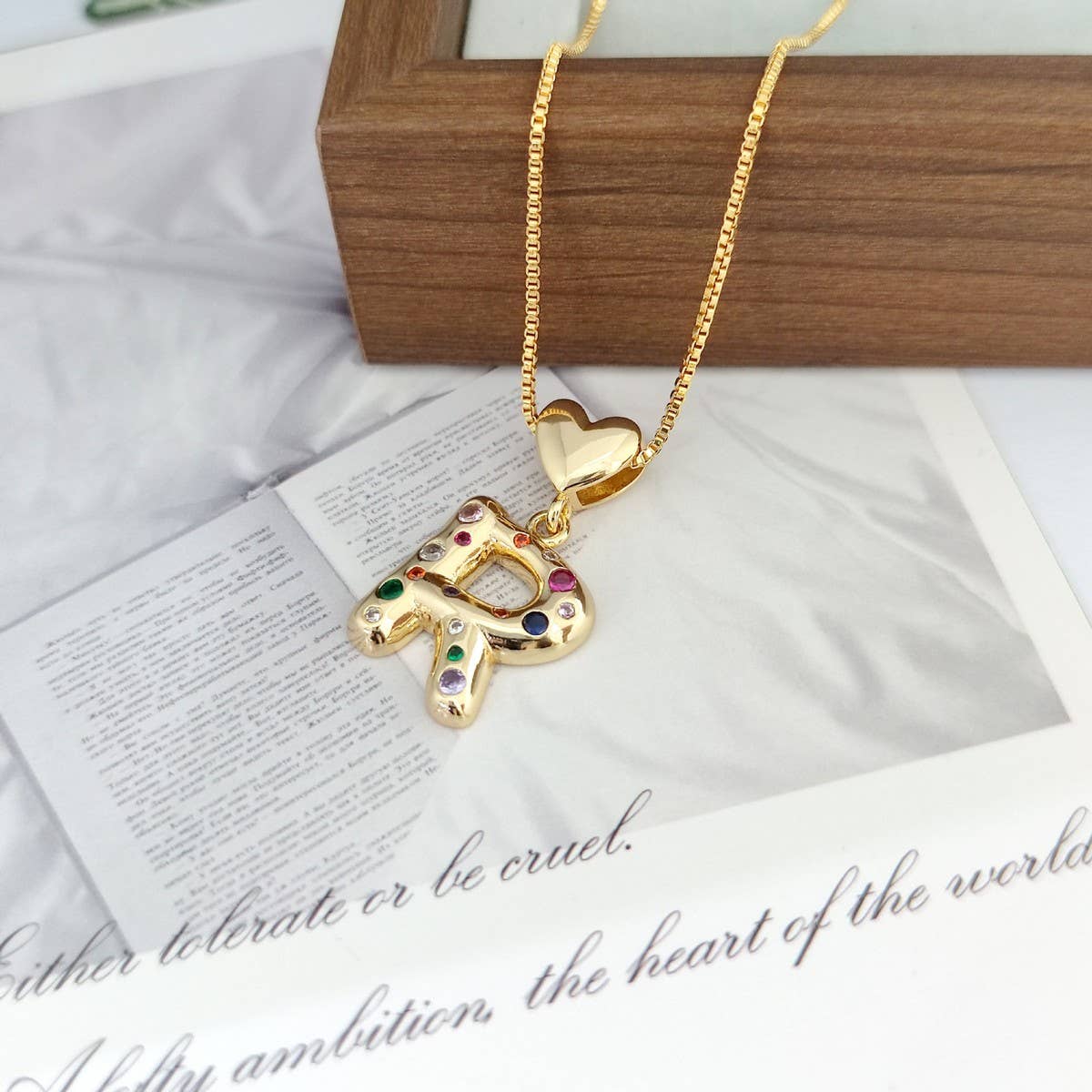 Colorful Zirconia Heart Letter Pendant Necklace