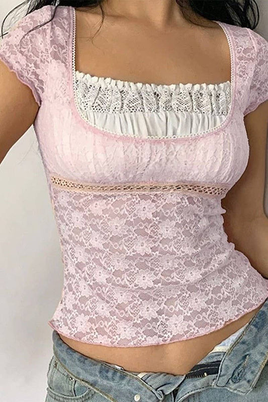 Cwtbls1595_Slim Fit Solid Color V-Neck Lace Hollow Top