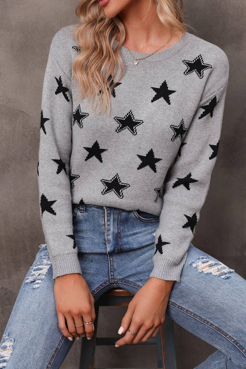 Star jacquard pullover slim knit sweater