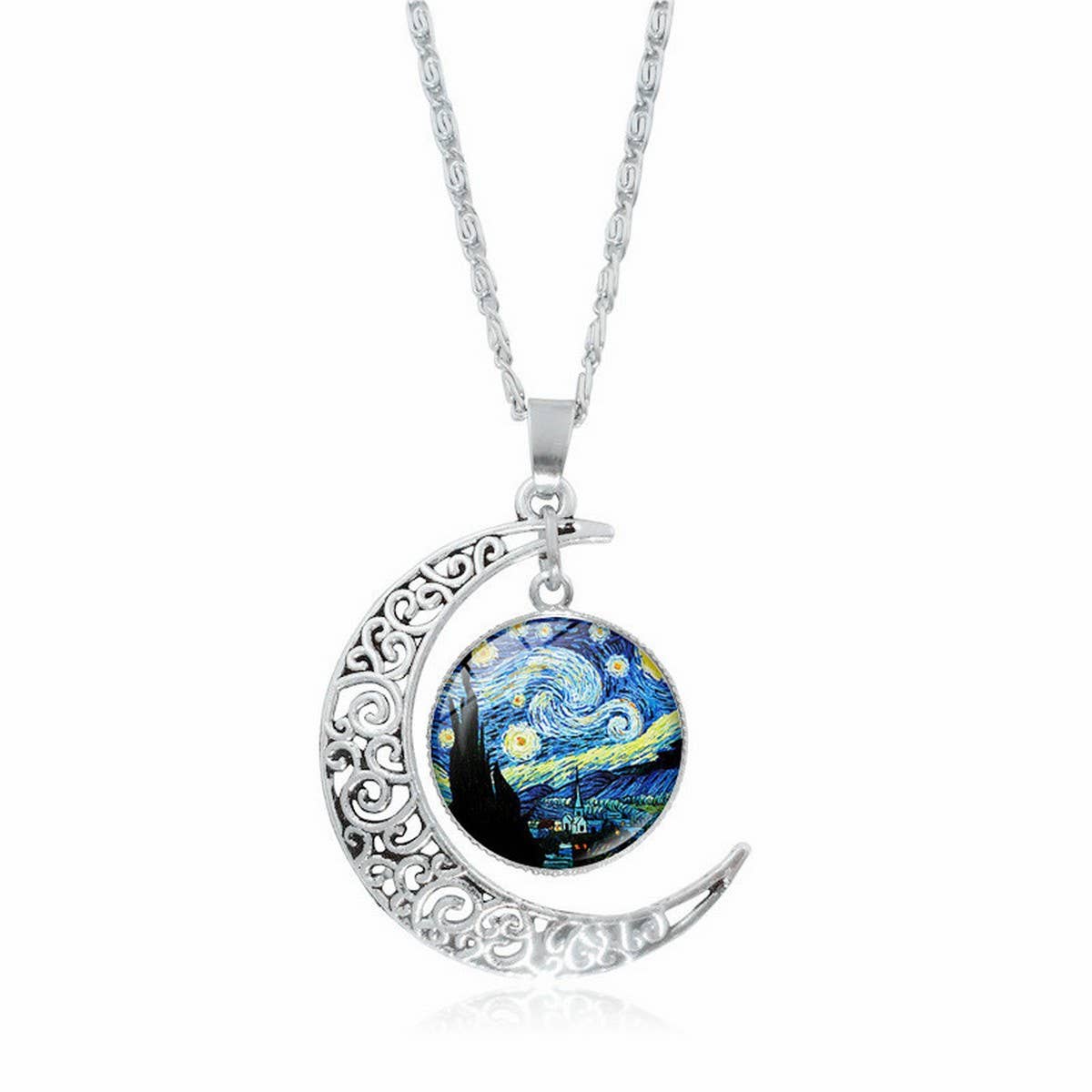 HOLLOW OUT MOON GEM PENDANT NECKLACE