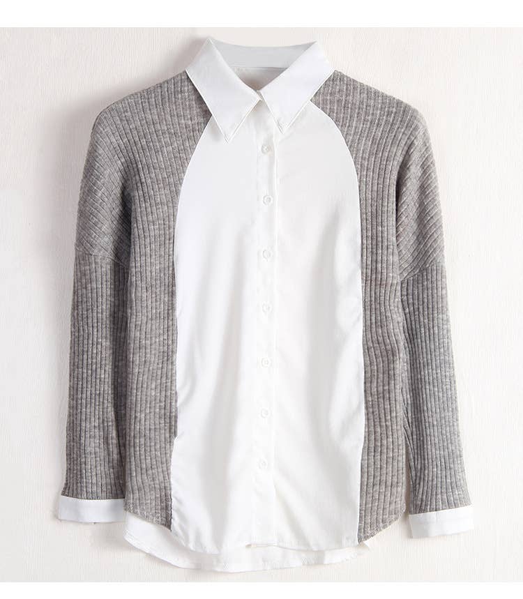 Patchwork Knit Color Contrast Long-Sleeved Shirt