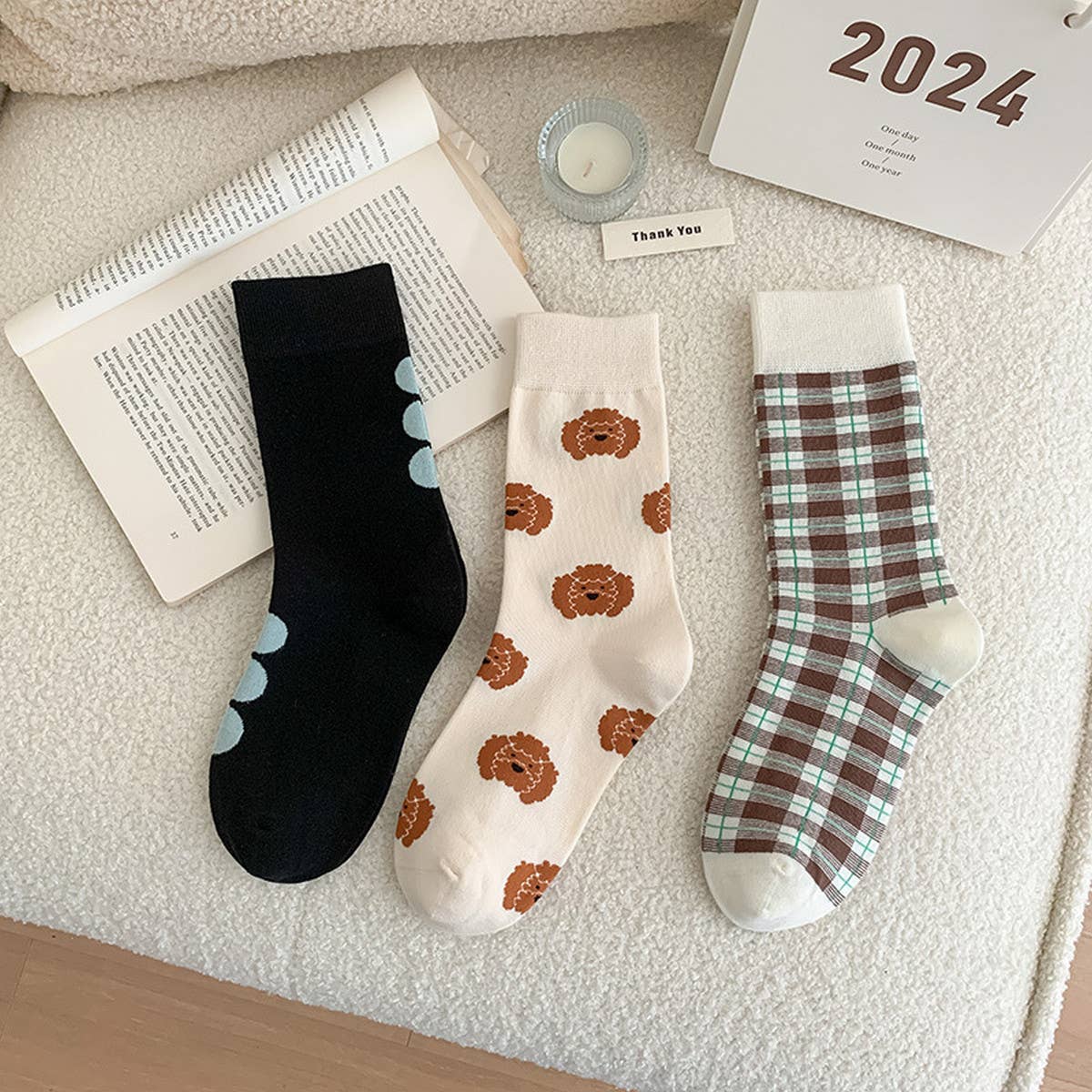 BROWN PUPPY POLKA DOT PLAID SOCKS_CWMS0955