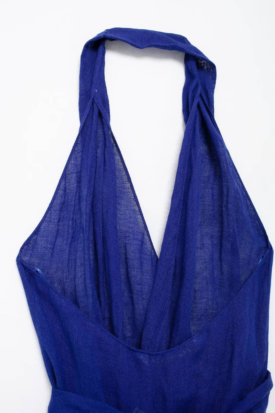 STYLISH LINEN BLEND LONG DRESS WITH NECK AND WAIST