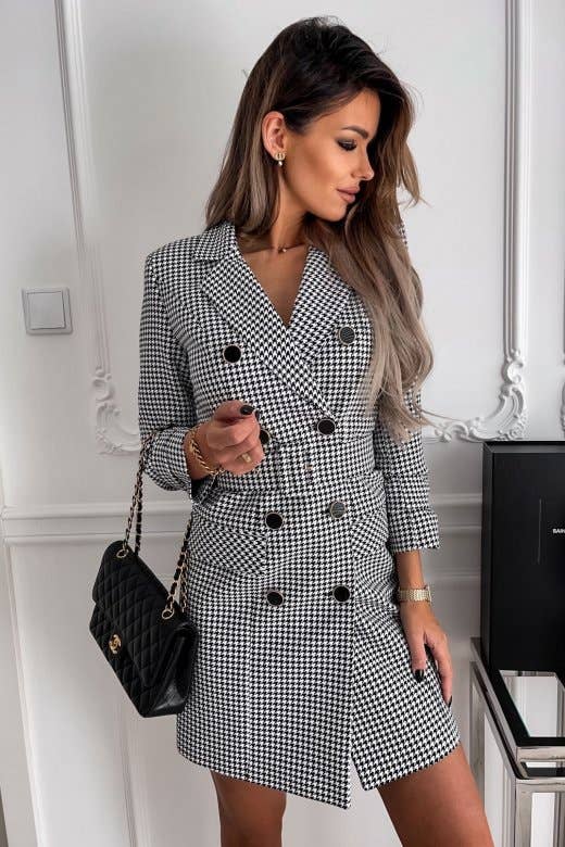 FASHION PRINT PLAID SUIT JACKET DRESS