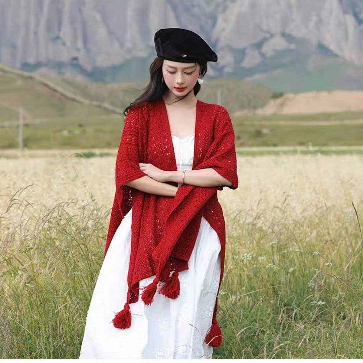 CWASC1795_VINTAGE HOLLOW KNITTED TASSEL SLIT SHAWL