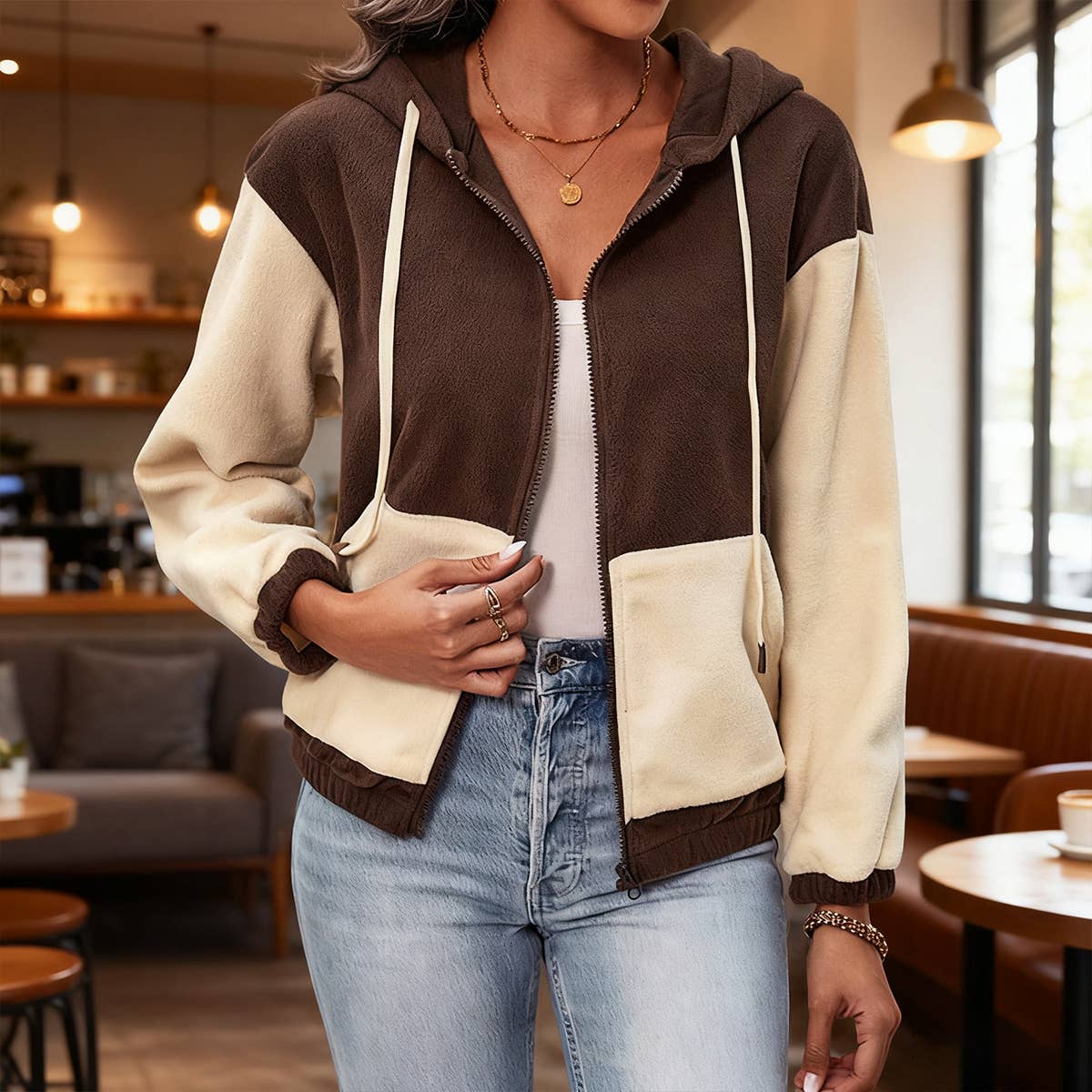 Hooded,color-blocked polar fleece zipper Jackets