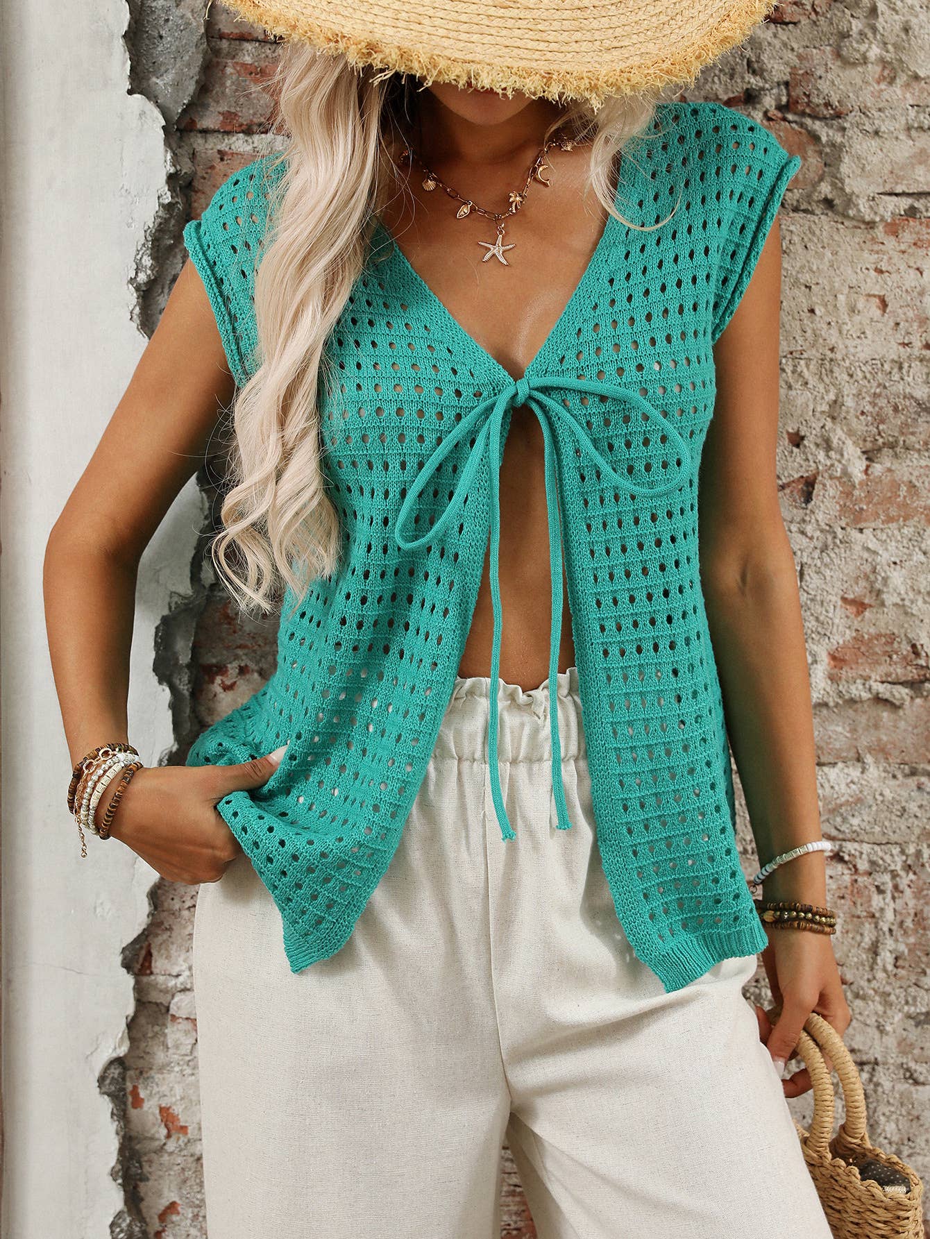 Hollow-out sweater short-sleeved knit smock