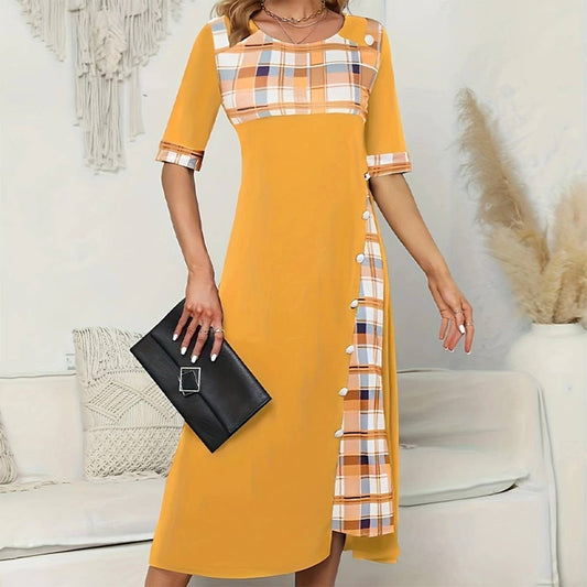 ROUND NECK COLOR CONTRAST IRREGULAR LONG DRESS