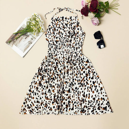 Sleeveless halter print vacation-style dress