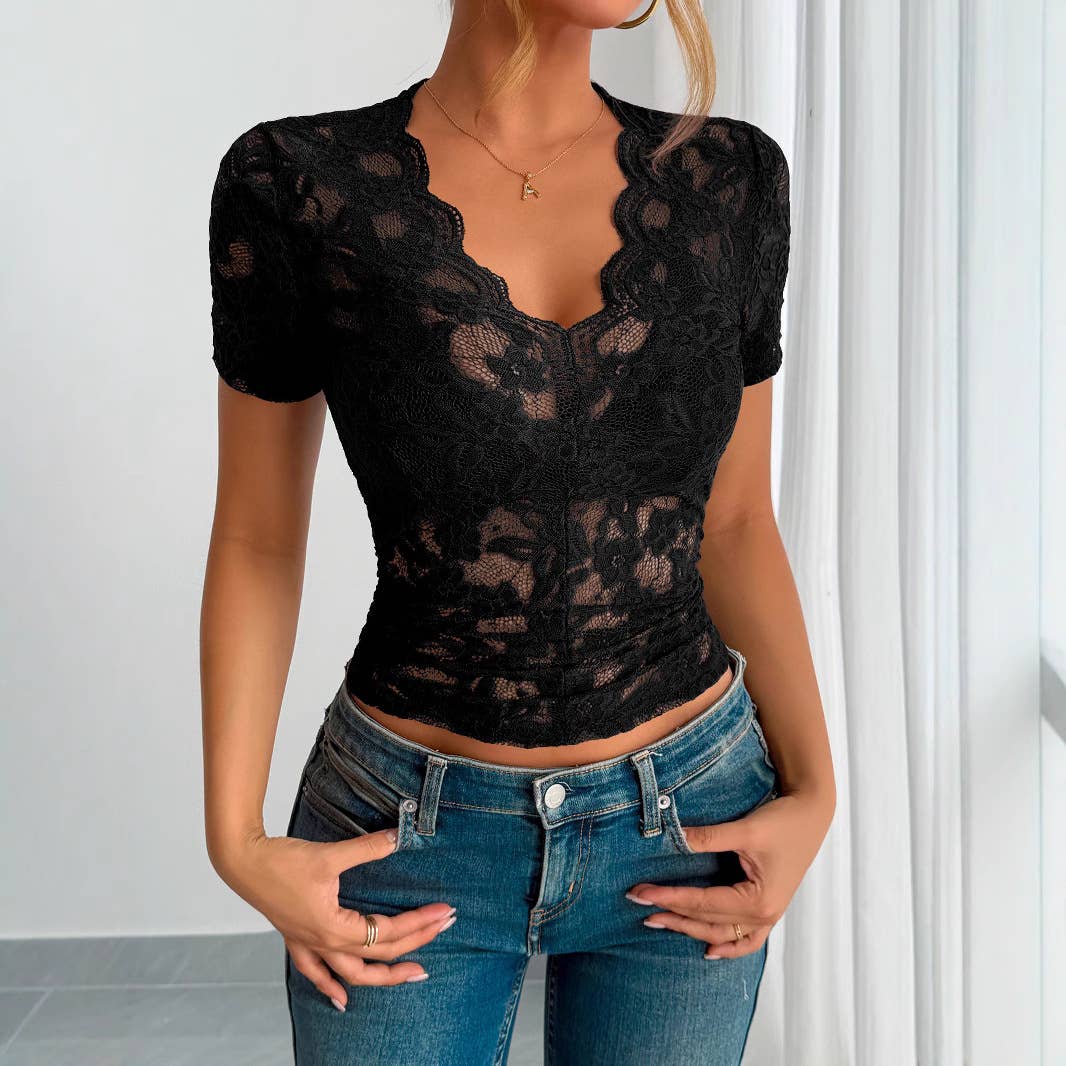 Lace solid color fitted V-neck short-sleeved top