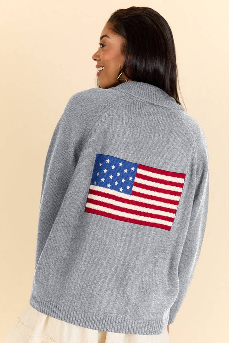 CWOCAL2360_FLAG PRINT V-NECK LOOSE KNIT CARDIGAN SWEATER
