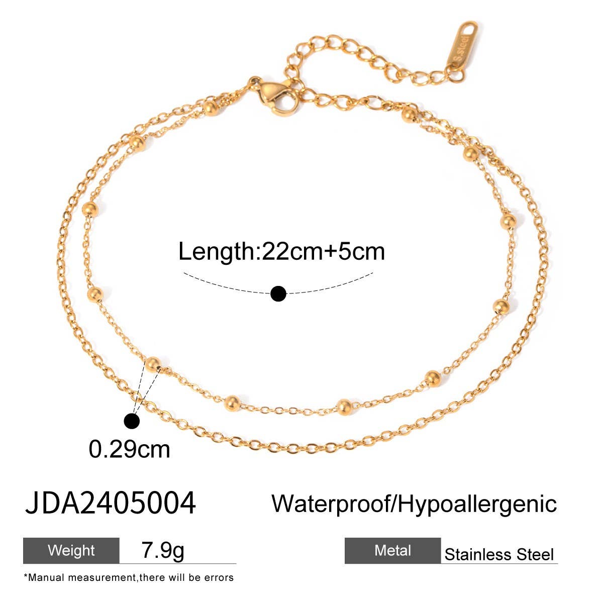 18K Gold Double Layer Beaded Anklet, Non-Tarnish_CWAJE4636
