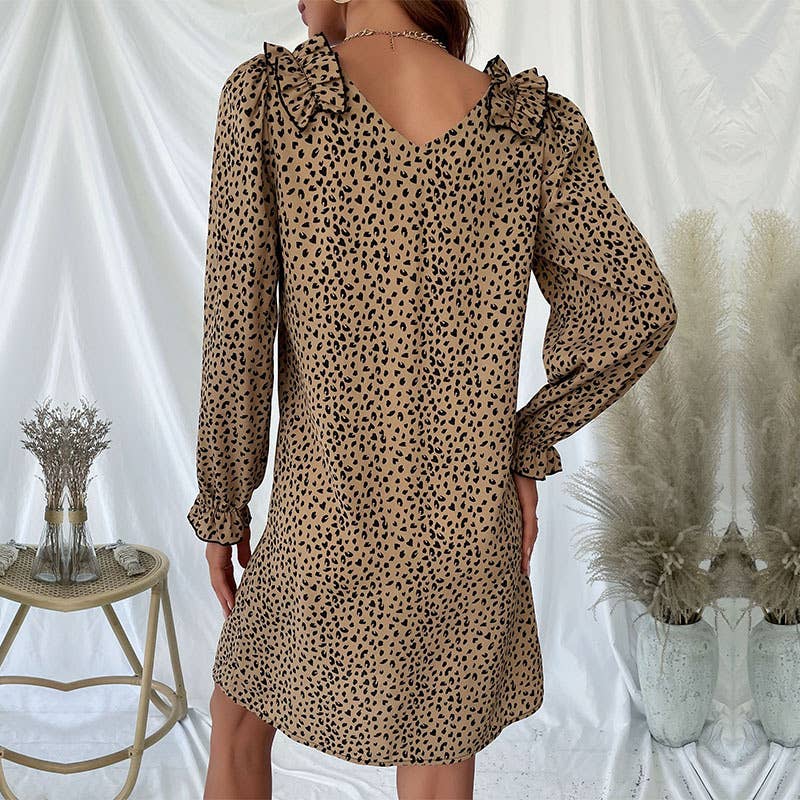 V-NECK LEOPARD PRINT DRESS WITH LOTUS SLEEVES