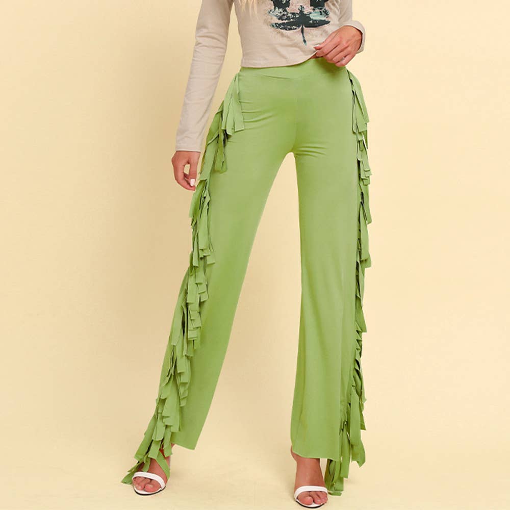 Tassel high-waisted solid color wide leg pants
