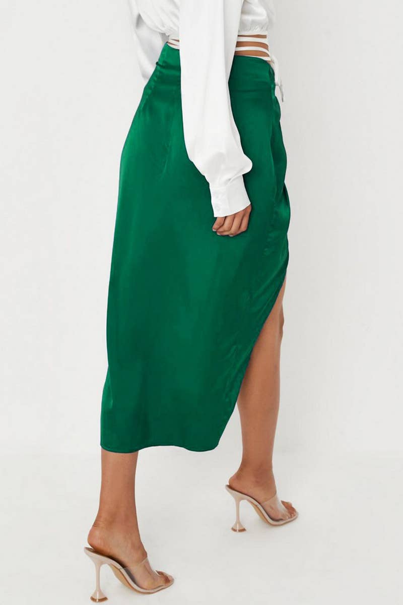 HIGH WAIST KNOT IRREGULAR SATIN SLIT SKIRT_CWBMS0089