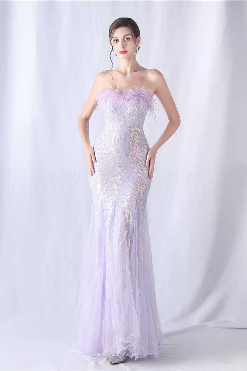 CWDMD3628_FURRY STRAPLESS SEQUIN EVENING DRESS LONG