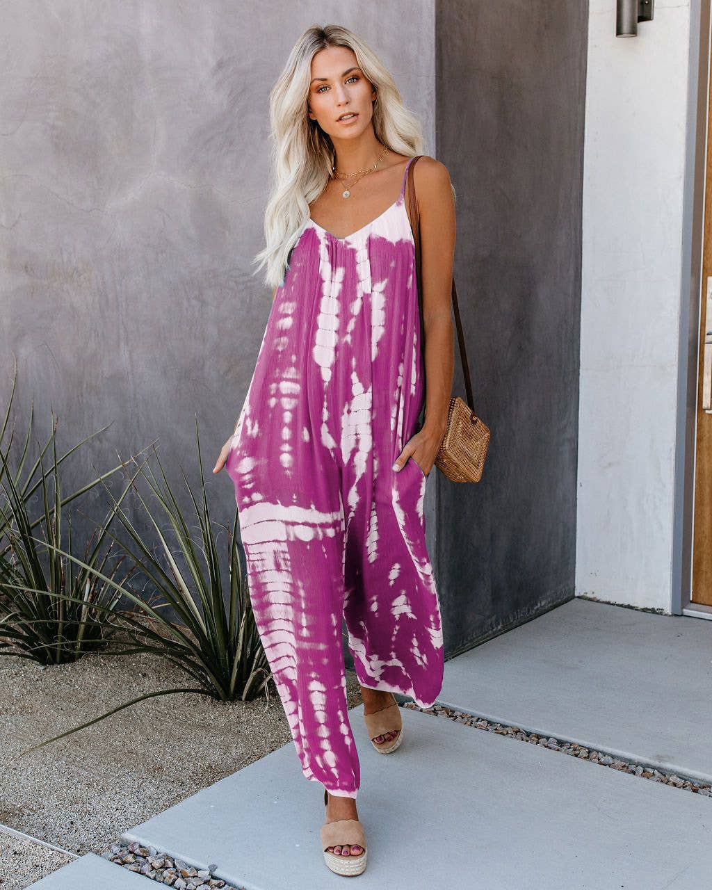 Abstract printed strappy sexy wide-leg jumpsuit