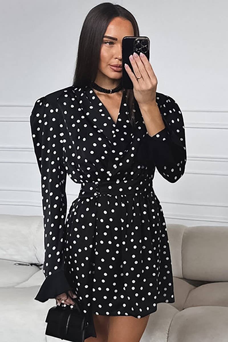 CWDSD6750_POLKA DOT PRINT TIE LONG SLEEVE FITTED DRESS