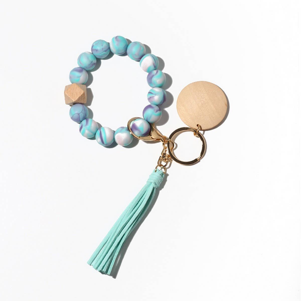 Silicone Bead Bracelet Keychain with Beech Wood