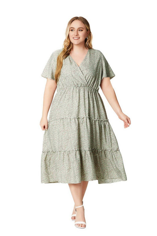 CWDMD3226_PLUS SIZE V NECK SHORT SLEEVE FLORAL DRESS