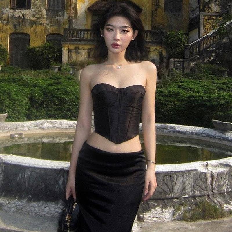 Satin Strapless Waist Cinched Crop Top