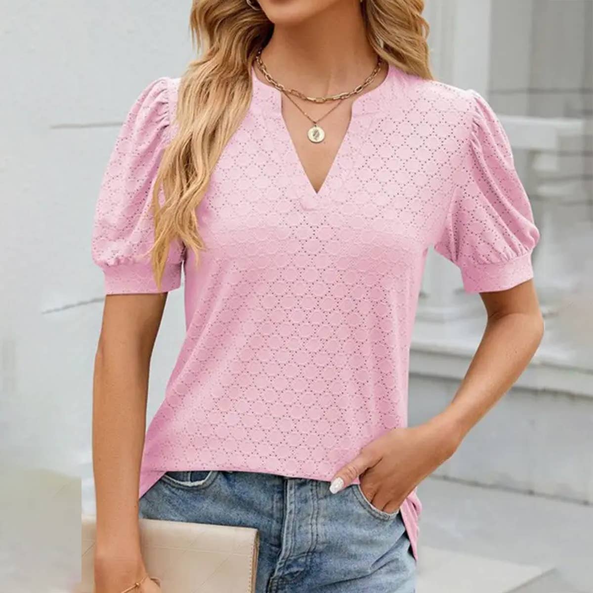 V NECK PUFFY SLEEVE PLEATED LOOSE T SHIRT_CWTSTS0181