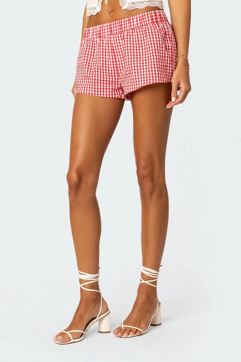 CWBSP0424_ELASTIC WAIST LOOSE PLAID BEACH SHORTS