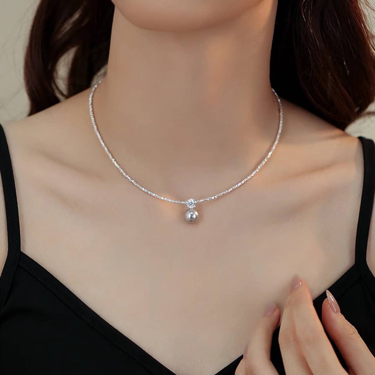 Broken silver beads pearl collarbone chain