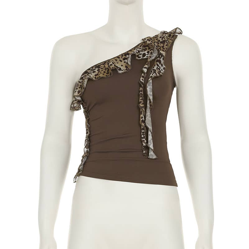 Leopard print spliced wooden ear trim vest