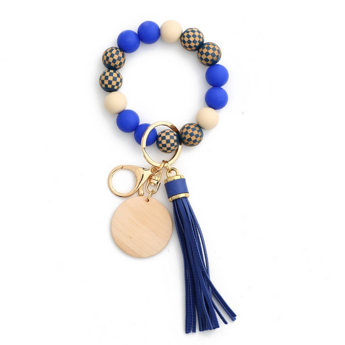 Checkerboard Wood Bead Bracelet Silicone Keychain_CWMM6877