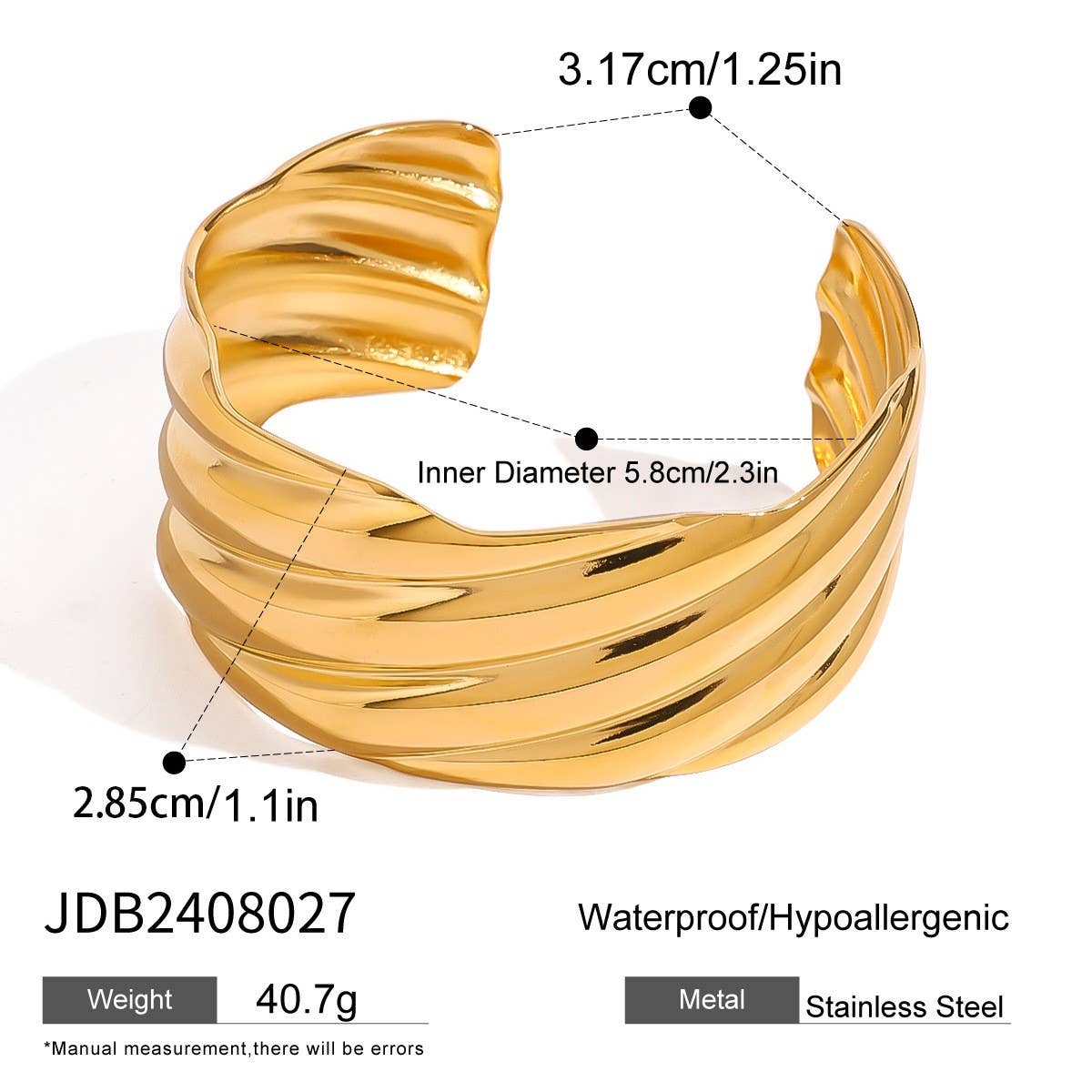 Retro Wave Design 18K Gold Steel Open Bangle