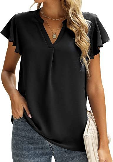V-neck fly sleeve short sleeve solid color top