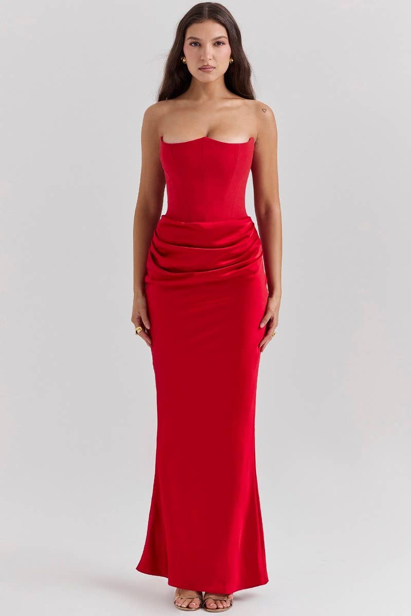 CWDMD5492_STRAPLESS BONED FITTED SOLID COLOR MERMAID DRESS