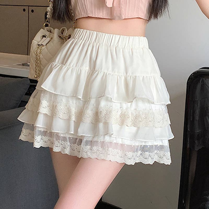 Multi-layer elastic-waist lace-trimmed cake dress