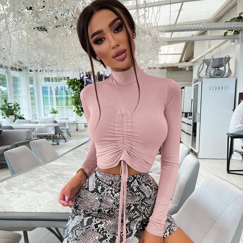 FASHION PLEATED MIDRIFF HALF-NECK T-SHIRT