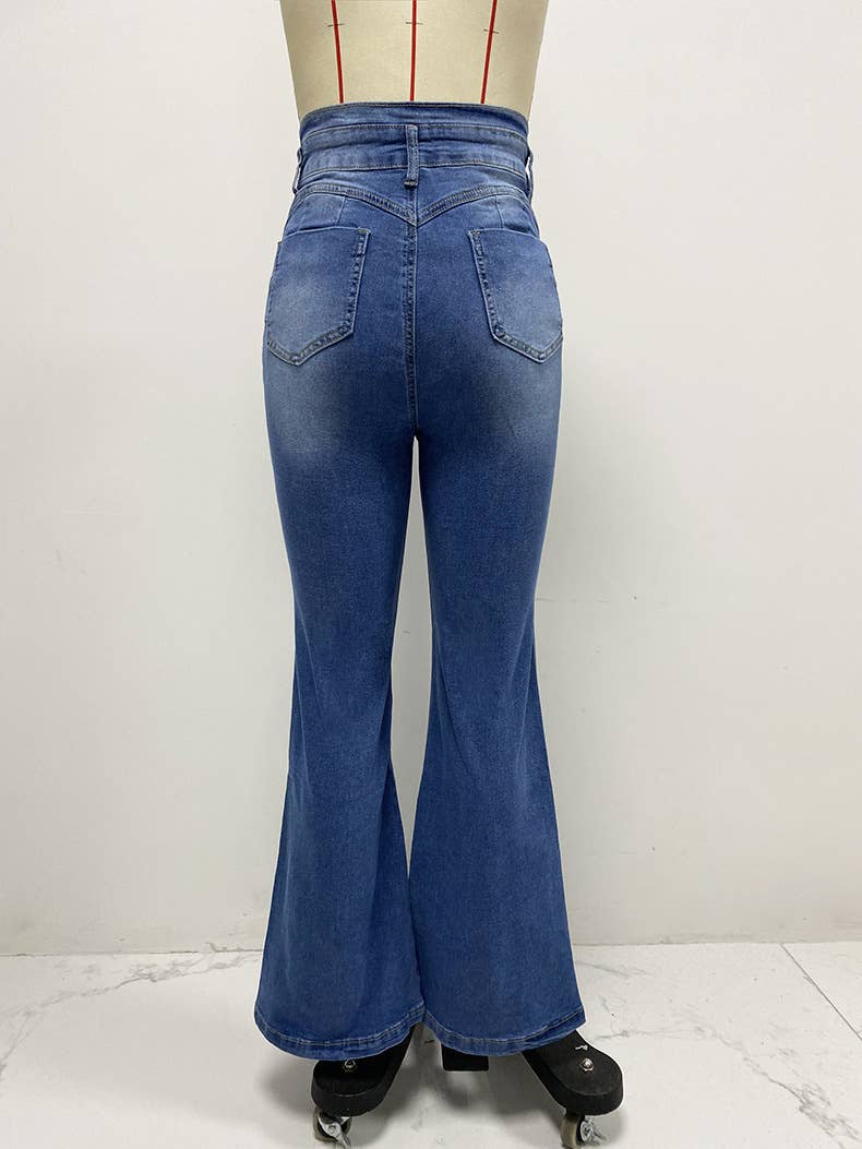 WASHED JEANS DECORATED HEIGHT WAIST BELL BOTTOMS