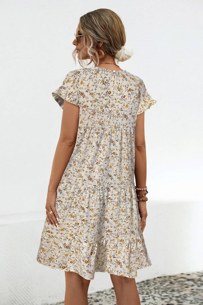 CWDSD4946_ROUND NECK FLORAL RUFFLE SLEEVE DRESS