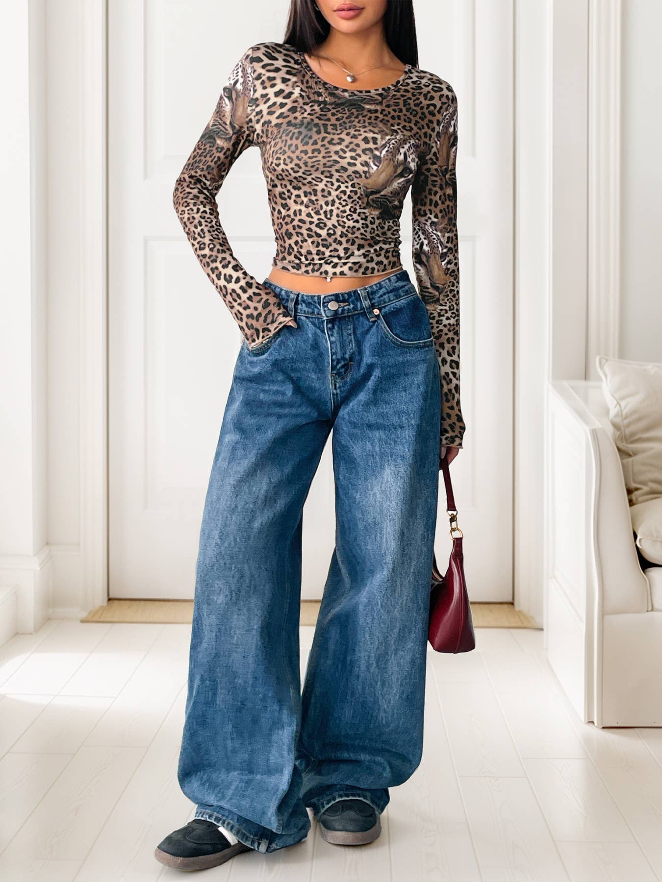Leopard print slim round-neck long-sleeved Top