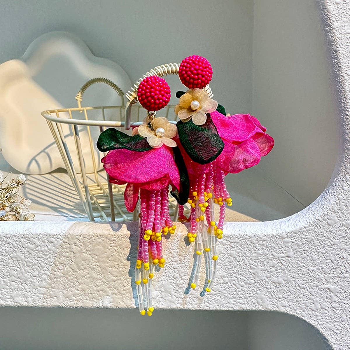 Boho Long Tassel Earrings Handmade Fabric Flowers_CWMM6165