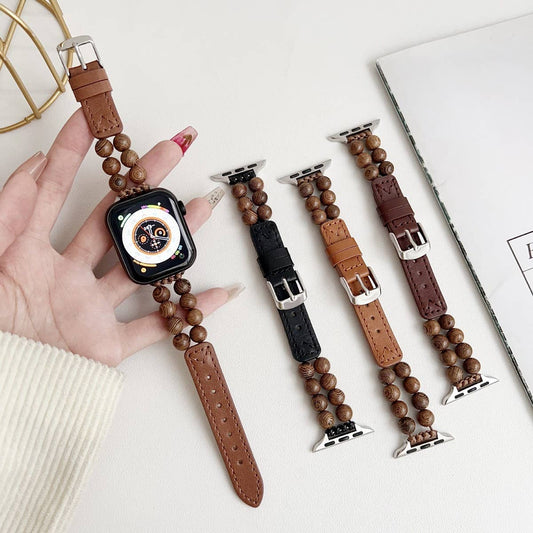 IWATCH9-1 SE WOODEN BEADS GENUINE LEATHER STRAP
