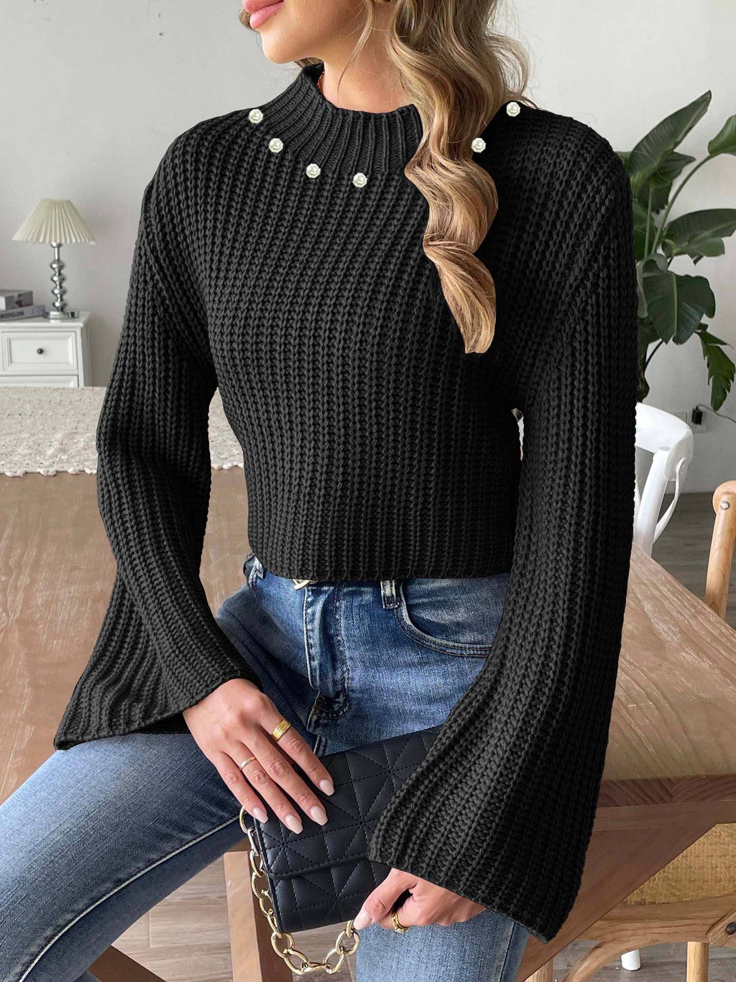 SWEATER WITH FLARED SLEEVES AND HALF TURTLENECK