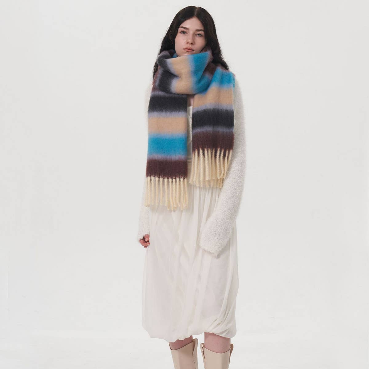 WOMEN CONTRASTING STRIPED FRINGED PLAID SCARF
