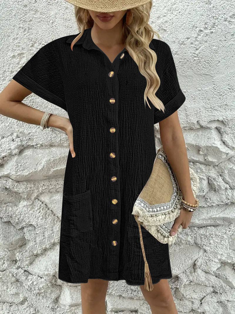 Simple solid-color casual lapel shirt dress