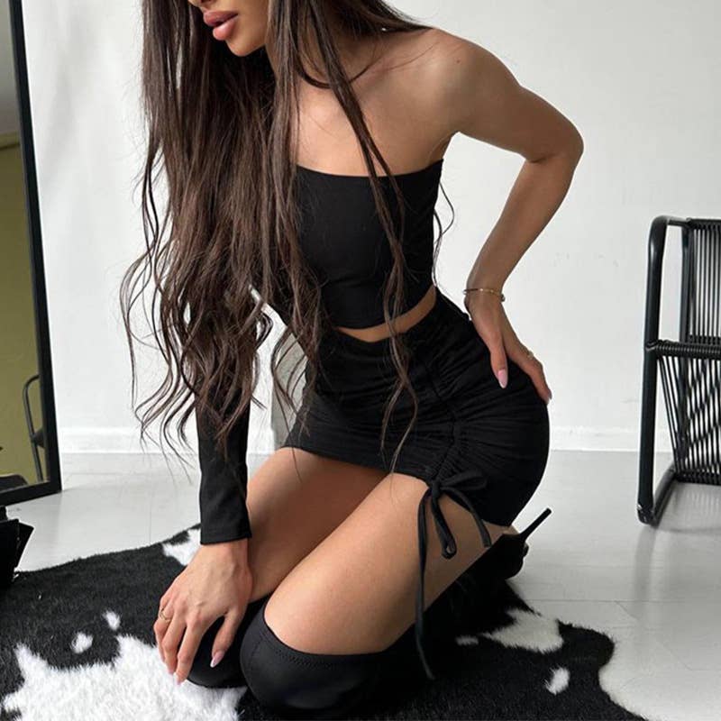 One Shoulder Crop Top and Ruched Skirt Set