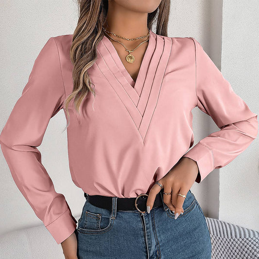 SOLID COLOR LAYERED V-NECK LONG-SLEEVED SHIRT