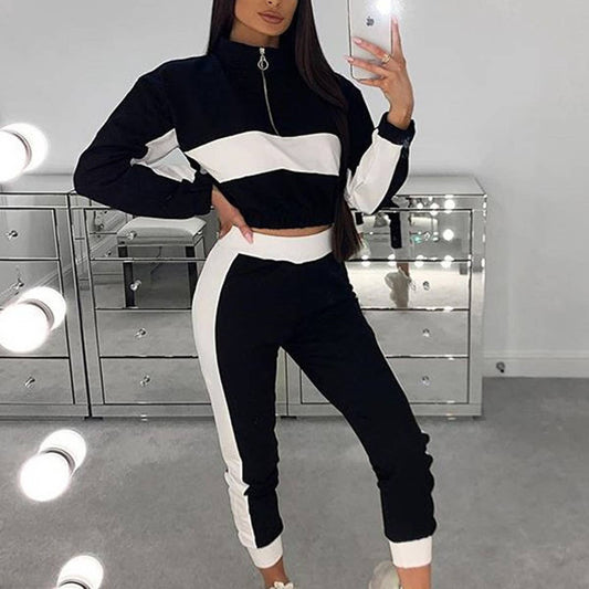 Fashion match color long sleeve trousers suit